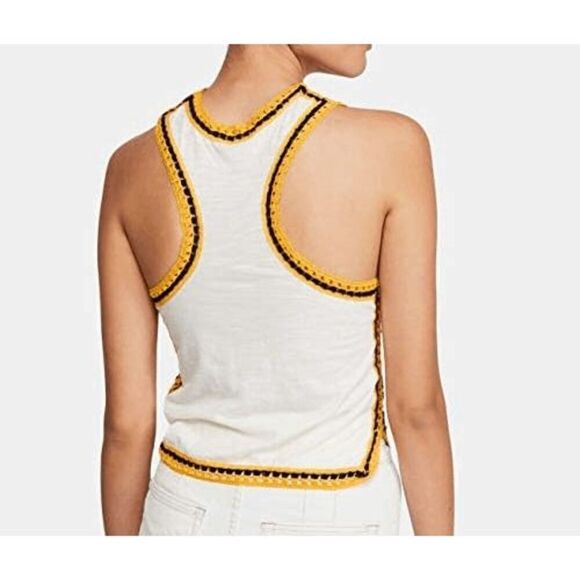Free People Black Yellow Ivory Bora Bora Racerback Crochet Linen Blend Trim Tank - Picture 10 of 11